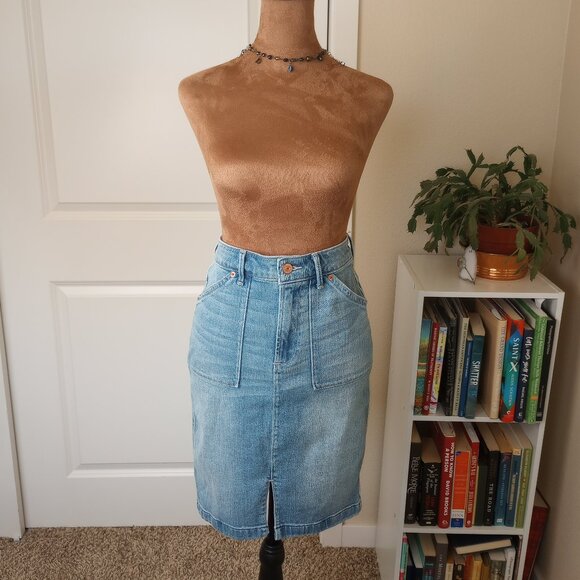 Y2K 70s Inspired Abercrombie & Fitch Light Wash Denim Pencil Midi Skirt - Picture 1 of 5
